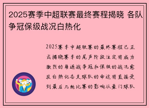 2025赛季中超联赛最终赛程揭晓 各队争冠保级战况白热化