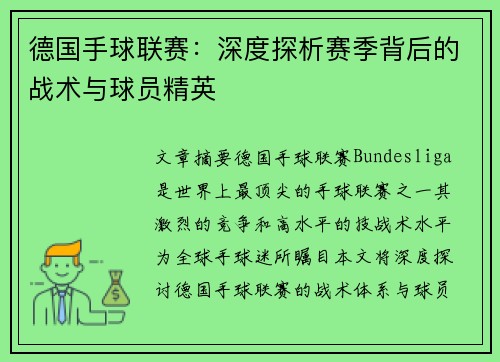 德国手球联赛:深度探析赛季背后的战术与球员精英